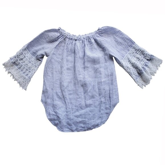 Saks Fifth Avenue 100& Linen Off-or on-Shoulder Blue Striped Lace Blouse Size M - Picture 8 of 16